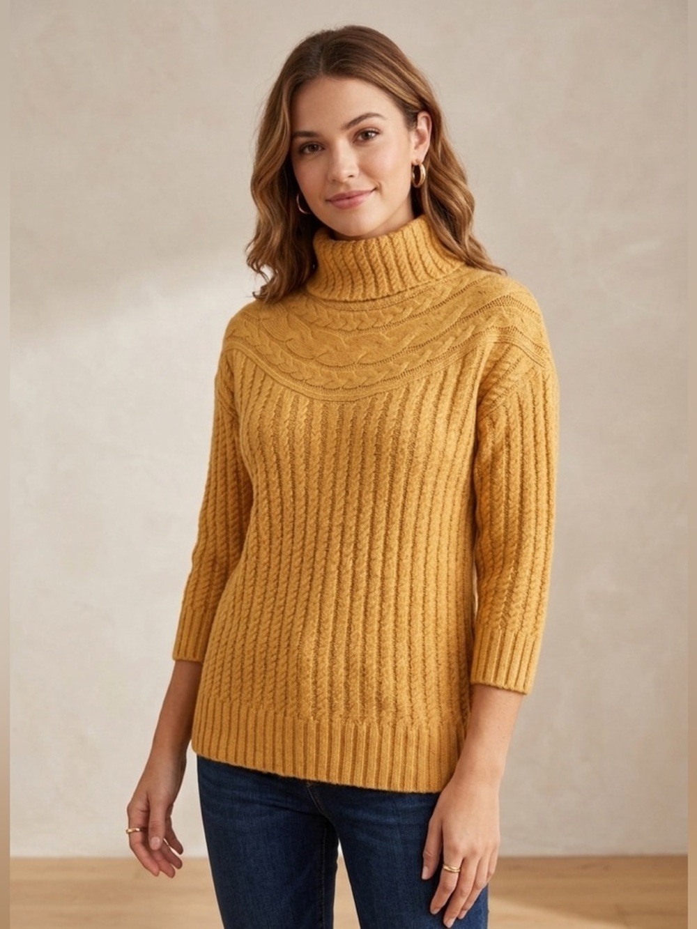 Elegant Mustard Cable Knit Turtleneck Sweater with 3/4 Sleeves | Sz S